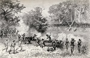 La expedición de socorro de Emin Pasha de Sir Henry Morton Stanley siendo atacada por caníbales Avisibba con flechas envenenadas, 1890