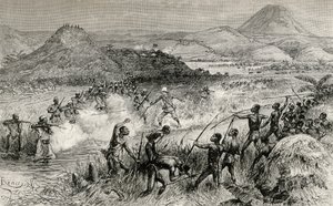Primer encuentro de Sir Henry Morton Stanley con el pueblo Mazamboni, 1890 de Edouard Riou