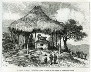 El horno de azúcar, en Panche (Colombia), dibujo de Riou, para ilustrar la historia de América Equinoccial (Colombia, Ecuador, Perú), en 1875-1876, por Ed. André, misión de viaje encargada por el gobierno francés. Grabado en Le tour du monde de Edouard Riou
