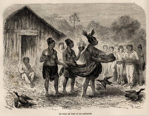 La celebración de la fiesta de Navidad en Sarayacu (Perú), la reina de Navidad lleva al niño Jesús en una canasta, y acompañada por dos seguidores, presenta al niño a todas las casas del pueblo, dibujo de Riou, para ilustrar el viaje de Paul Marcoy de Edouard Riou