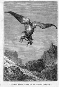 “Los hijos del Capitán Grant: El pájaro secuestró a Robert por su ropa” por Jules Verne, Edición Hetzel/Viajes Extraordinarios 1868