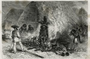 La cremación de un Roucouyenne (o wayana), tribu que vive a lo largo de los ríos Mana y Maroni, frente a la pira, Dr. Crevaux, grabado por Riou, ilustración del viaje de exploración en el interior de Guayana por el Dr. Jules Crevaux, médico de la marina fr de Edouard Riou