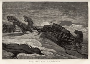 La tripulación del barco La Germania, descendida sobre el hielo para un juego de caza, procedió a remolcar su trineo sobre el hielo, mientras el sol se pone, grabado según el dibujo de E.Riou, ilustrando un viaje al Polo Norte en 1869-1870 por el capitán d