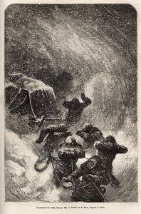 La tripulación del barco La Germania, descendida sobre el hielo para una partida de caza, fue sorprendida por una tormenta de nieve durante el remolque del trineo que contenía su material, grabado según el dibujo de E. Riou, ilustrando un viaje al Polo Nor de Edouard Riou