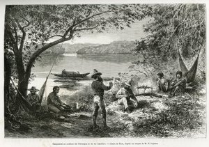 El campamento de los exploradores, en la confluencia del Orenoque y el río Cabullero. Grabado por Riou, para ilustrar el viaje de exploración por Nueva Granada y Venezuela, por el Doctor Crevaux, médico de primera clase de la marina y E. Lejeanne, farmacéu de Edouard Riou