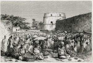 El mercado de frutas de Zanzíbar (Tanzania). Grabado de Riou, para ilustrar la historia "Viaje a Benadir, los Omalíes y el Bayoun" en 1882-1883, por M.G. Revoil. Publicado en Le Tour du monde, nuevo diario de viajes. de Edouard Riou