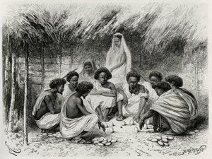 El juego de la copa, o juego de la mosca, frente a cada jugador su apuesta, aquí una berenjena en la arena, luego todos esperan en silencio a que una mosca se pose en un huevo y dibuje al ganador que gana todas las apuestas, en somalí (o somalíes). Grabado de Edouard Riou