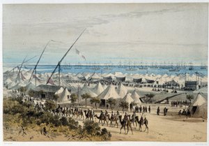 El puerto de Ismalia y el campamento de invitados en la inauguración del Canal de Suez - en "Through the Isthmus of Suez" por Riou, Marius Fontaine