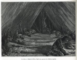 El interior de la tienda en el témpano de hielo, ilustración de la historia de un viaje al mar polar en 1875-1876, por el Capitán G.S. Nares (1831-1915). Grabado en Le tour du monde de Edouard Riou