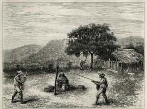 La fabricación de la cabuya, cuerda de Fourcroya, cerca de Cartago (Colombia), grabado de Riou, para ilustrar la historia de América Equinoccial por E.Andre, misión asignada por el gobierno francés, publicada en el tour du monde, bajo la dirección de E