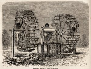 El molino para moler caña de azúcar de Sarayacu (Perú), dibujo de Riou, para ilustrar el viaje de Paul Marcoy del Océano Pacífico al Océano Atlántico de 1848 a 1860. Grabado en "Le tour du monde", editado por Edouard Charton de Edouard Riou