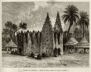 La mezquita de Lokhognile (Golfo de Guinea). Grabado de Riou, para ilustrar la historia Desde el Níger hasta el Golfo de Guinea por el Capitán Louis Gustave Binger (1856-1936), en 1887-1889, en Le tour du monde, nuevo diario de viajes, bajo la dirección de de Edouard Riou