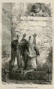 El castigo de la impiedad, dos niños están arrodillados sobre un palo colocado en estacas y observados en su tormento por la parroquia del pueblo, dibujo de E.Riou, para ilustrar el viaje en la región de Titicaca y los valles del este del Bajo Perú, en de Edouard Riou