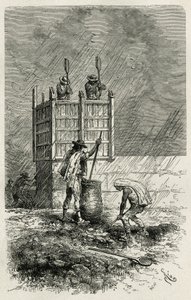 El tapial, una antigua técnica de construcción de paredes de arcilla usando un encofrado de madera, compactado por pisoteo y secado al sol, ilustración de la historia L