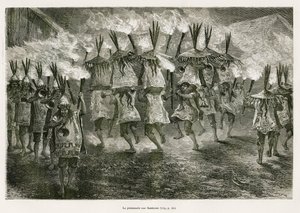 La caminata con antorchas por las calles de San José, dibujo de E.Riou, para ilustrar el viaje en la región de Titicaca y los valles del este del Bajo Perú, en 1873 por Paul Marcoy. Grabado en Le tour du monde de Edouard Riou