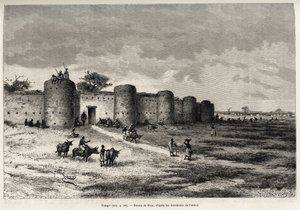 La ciudad de Tiong-Gi (Tiong Gi, Mali), con sus fortificaciones y torres de arcilla. Grabado de Riou, para ilustrar la historia Desde el Níger hasta el Golfo de Guinea por el Capitán Louis Gustave Binger (1856-1936), en 1887-1889, en Le tour du monde, nuev