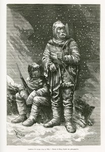 El traje de viaje del teniente Payer y el teniente Weyprecht, varias capas de ropa para combatir las tormentas de nieve, una chaqueta de cuero retráctil para proteger la cara del frío, botas y mitones hechos de velo y franela y gafas pesadas. Grabado según
