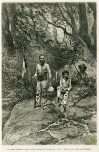 El viajero desplegando la bandera tricolor en las fuentes del Orinoco. Grabado de Riou, para ilustrar la historia Viaje a las fuentes del Orinoco, en 1886-1887, por Jean Chaffanjon, asignado por el ministerio de educación pública, en Le Tour du monde 1888, de Edouard Riou
