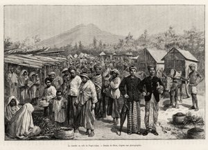 El paseo en Pager Alam Cafe (Malasia). Grabado por Riou para ilustrar la historia “un año en Malasia” de Jules Claine (1856-1939)