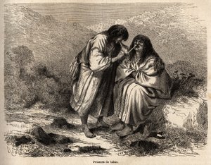 Subastadores de tabaco, maquillados según la tradición de la tribu de los Antis (Perú), dibujo de Riou, ilustrando el viaje de Paul Marcoy del Océano Pacífico al Océano Atlántico de 1848 a 1860. Grabado en 