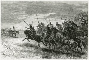 Indios Tobas (de la región del Chaco, entre Paraguay y Bolivia) negándose a pasar a la columna de la expedición Thouar. Grabado por Riou, para ilustrar la historia "En busca de los restos de la misión Crevaux", en 1884, por A. Thouar (1853- desaparecido