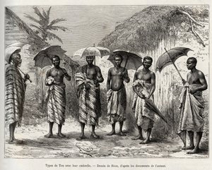 Tipo de tono con su paraguas. Grabado por Riou, para ilustrar la historia “Del Níger al Golfo de Guinea” por el Capitán Louis Gustave Binger, en 1887-1889, en Le tour du monde, nuevo diario de viajes, bajo la dirección de Edouard Charton de Edouard Riou
