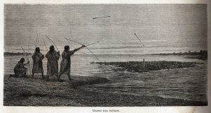 Caza de tortugas, entre los indios conibos de Perú, dibujo de Riou para ilustrar el viaje, de 1848 a 1860, de P. Marcoy, del Océano Pacífico al Océano Atlántico. Grabado en "Le tour du monde", editado por Edouard Charton de Edouard Riou