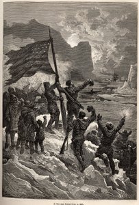 La tripulación de Tyson, después de varios días a la deriva en un iceberg, finalmente vio un ballenero y ondeó la bandera estadounidense para ser vistos y salvados, grabado según un dibujo de E.Riou, ilustrando la historia del Polaris, balsa de hielo, por 
