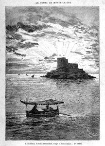 Navegando hacia la isla - Grabado por Riou, en “El Conde de Monte-Cristo” de A. Dumas, ed. Jules Rouff & Cie de Edouard Riou