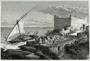 Con el estiércol de los viajeros que entran en el puerto de Moguedouchou (Mogadiscio), los marineros hacen un gran alboroto para atraer a la gente que los recibe con gritos de entusiasmo. Grabado de Riou, para ilustrar la historia “Voyage chez les Benadir, de Edouard Riou