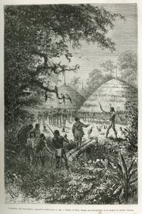 Yacouman, jefe Roucouyenne, tribu de Guayana en las orillas del Oyapock, ahuyentando al diablo, camina por el pueblo después del nacimiento de un niño, rociando un líquido blanco lechoso con un pincel de plumas, grabado según un dibujo de Riou, para ilustr