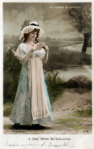 Mujer joven recibiendo una carta de su amado que está en el frente, Postal de Edouard Stebbing