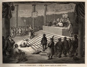 Un tribunal chino, el acusado aparece en el tribunal rodeado por un gendarme que lo mantiene encadenado y su carnicero, dibujo de Vaumort (? -1886), para ilustrar el viaje de Shanghái a Moscú, de 1859 a 1862, de M. de Bourboulon, ministro francés en China de Edouard Vaumort