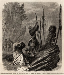 Mongoles en devoción a un obo, cerca de las montañas Bakka y Mongolia, dibujo de Vaumort para ilustrar el viaje de Shanghai a Moscú, de 1859 a 1862, de M. de Bourboulon, ministro francés en China. Grabado en 