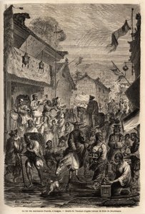 La calle de los comerciantes de ropa, Kalgan, Mongolia. Dibujo de Vaumort (? -1886), para ilustrar el viaje de Shanghái a Moscú, de 1859 a 1862, de M. de Bourboulon, ministro francés en China. Grabado en “Le tour du monde”, editado por Edouard Charton