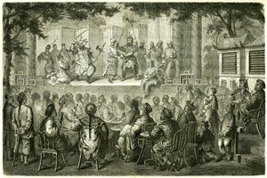 Vista de una representación de la Ópera de Pekín (Beijing), China, tras la historia de viaje de Madame de Bourboulon. Grabado después de un dibujo de Vaumort, en "Le Tour du Monde, Nouveau journal des Voyages", editado por Edouard Charton, París de Edouard Vaumort