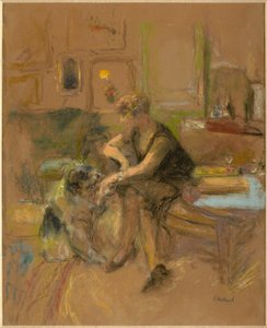 Gabrielle Jonas jugando con un perro de Edouard Vuillard