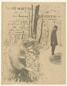 Portada del folleto del programa con una mujer con dos hijos y un hombre en el parque para jugar La vie muette con una lista de roles y actores La vie muette de Edouard Vuillard