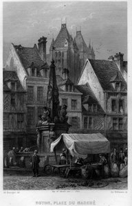 Plaza del mercado de la ciudad de Noyon, Oise, Picardía, Francia. Grabado de Willmann en 