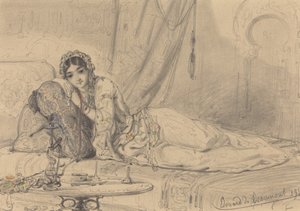 Mujer del Medio Oriente reclinada en un entorno exótico de Edouard de Beaumont