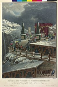 Despedida de los tiroleses del emperador Fernando I el 22 de de agosto de 1838 (litografía coloreada) de Eduard Gurk