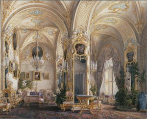 Interiores del Palacio de Invierno. La sala de dibujo en estilo rococó con cupidos