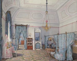 Interiores del Palacio de Invierno. El quinto apartamento reservado. El dormitorio de la Gran Princesa María Alexandrovna, 1873 de Eduard Hau