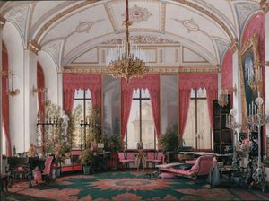 Interiores del Palacio de Invierno. El estudio de frambuesa de la Emperatriz María Alexandrovna, 1860s de Eduard Hau