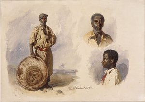 Tres retratos de afrobrasileños: de cuerpo entero, de pie con una cesta; un retrato de busto de un hombre de frente y otro de un niño de perfil de Eduard Hildebrandt