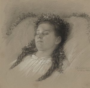 Una niña en su lecho de muerte con una corona de flores