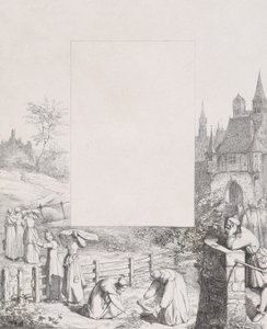Placa 5: mujeres recolectando plantas y llevándolas sobre sus cabezas, un hombre observando a la derecha, 1836 de Eduard Julius Friedrich Bendemann