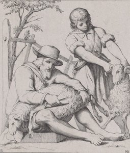 Dos hombres esquilando ovejas, ca. 1842 de Eduard Julius Friedrich Bendemann