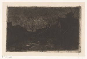 Paisaje con casas y molino de noche