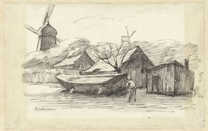 Barco, casas y un molino de viento